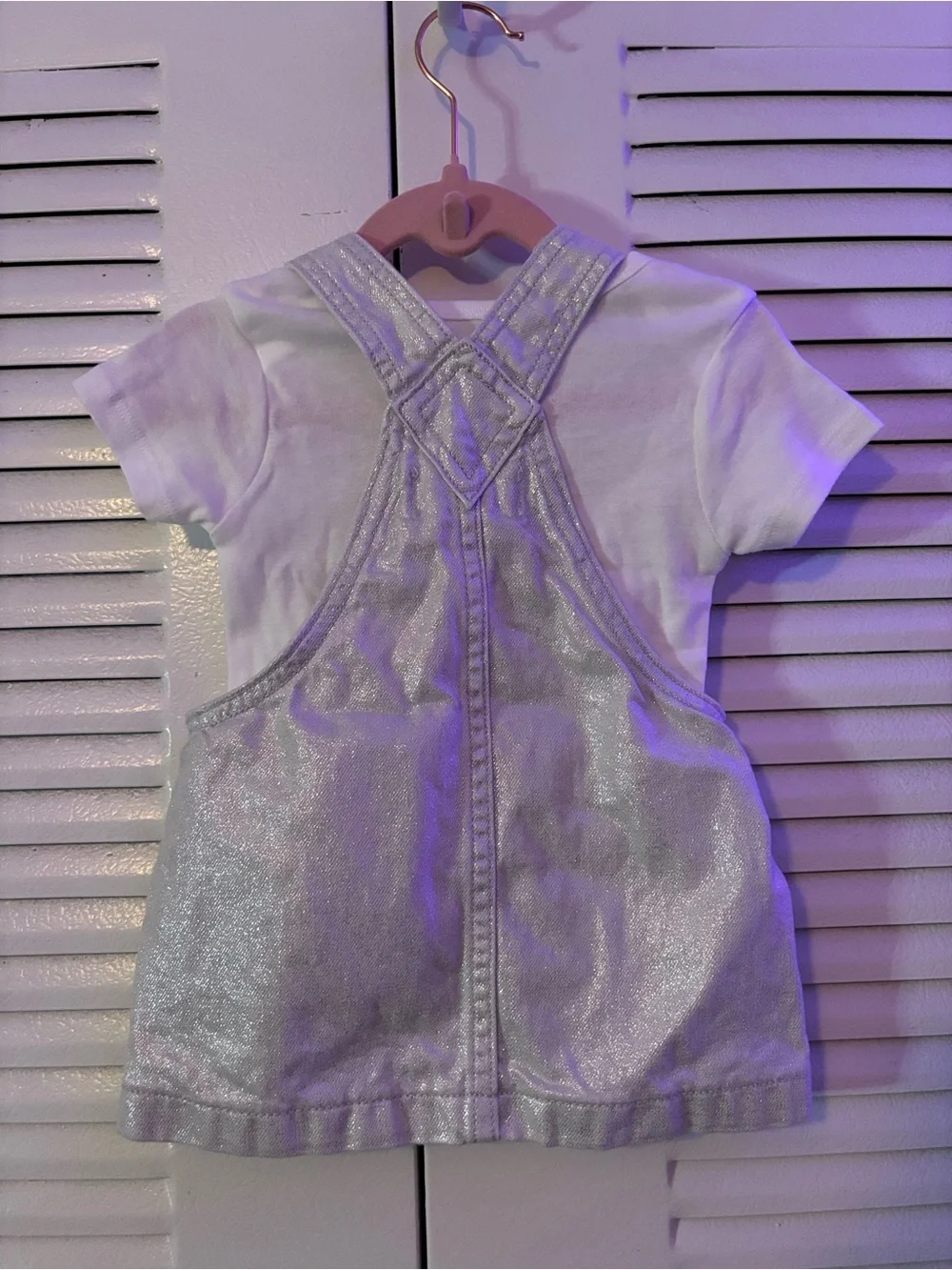 Old Navy Silver Shimmer Overall Dress with White Tee